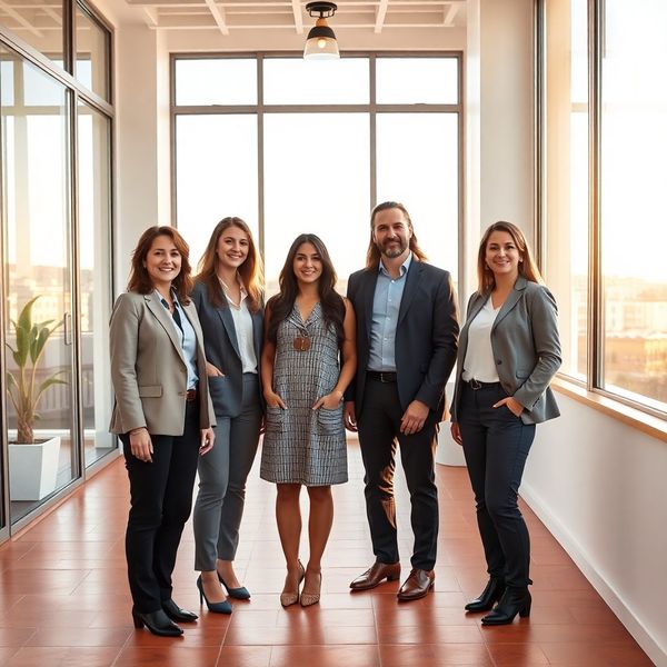 Retrato del equipo de consultoría en la oficina de Málaga con luz natural
